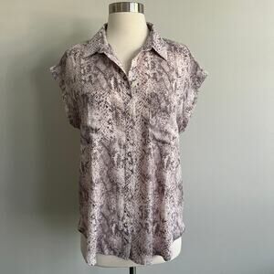 LOFT Collared Button Up Blouse Pocket Front Snakeskin Split Hem Medium